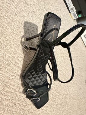 Sam Edelman Black Patent Strappy High-Heel Sandals with Rhinestone Buckles